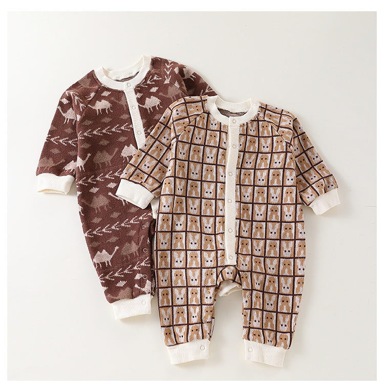 Autumn Arrival Baby Kids Unisex Comfortable Animals and Geometric Pattern Knitted Long Sleeves Rompers-0